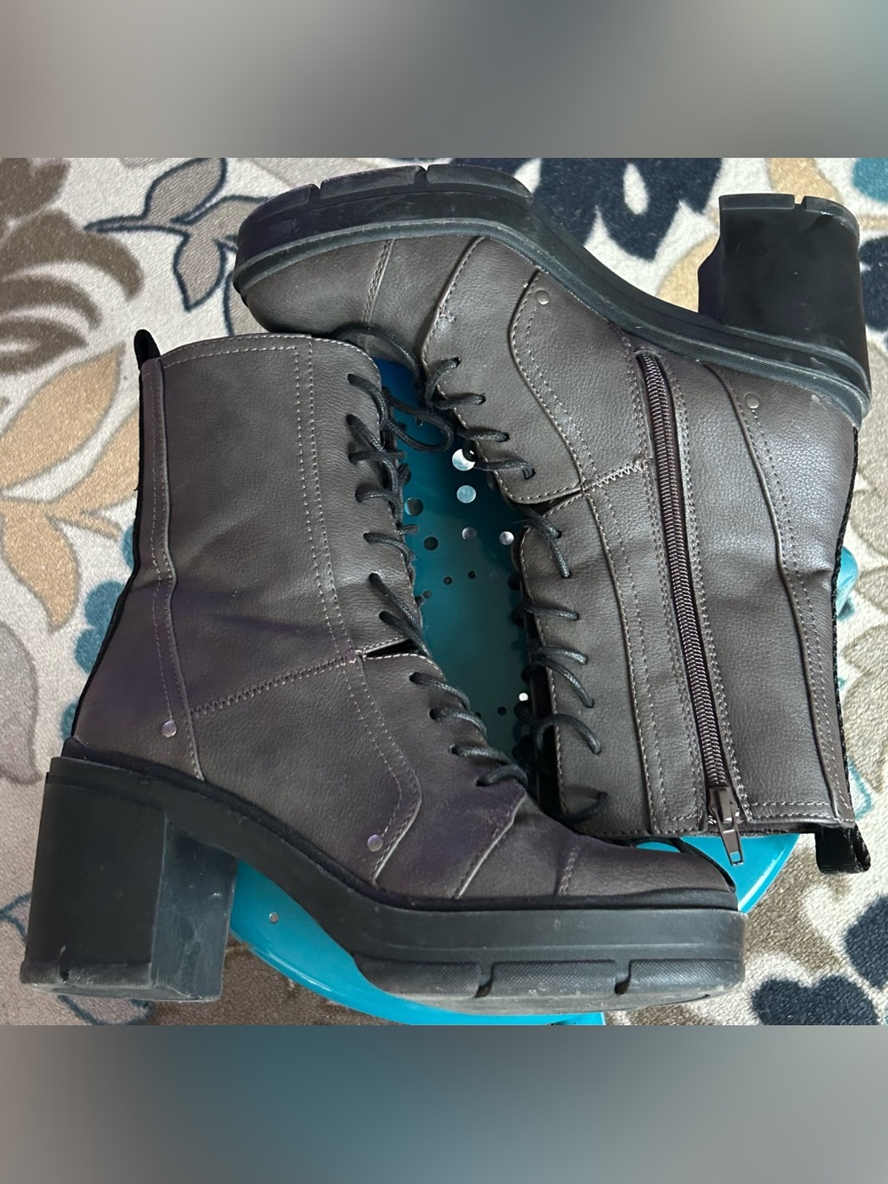 Women's Grey Lace-Up Chunky Heel Combat Boots
